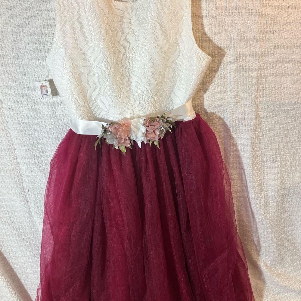 Artisan White and Burgundy Kids Dress with Floral Belt
